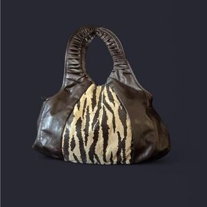 EBISU Brown Faux Leather Zebra Panel Hobo Bag